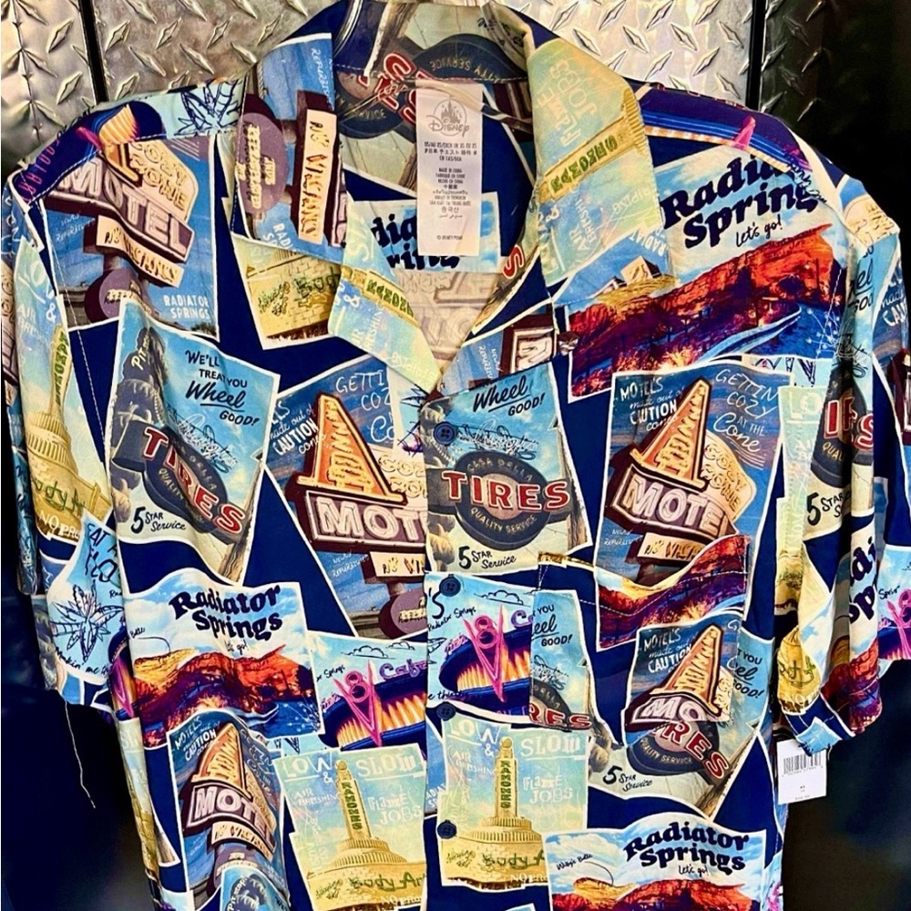 NWT RARE Disney Parks Cars Land Radiator Springs button-up, Sz Adult Small
